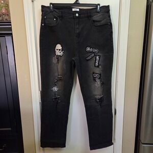 HME Mens Distressed Graphic Patch Jeans Black Skull Gothic Punk 40 XXXL